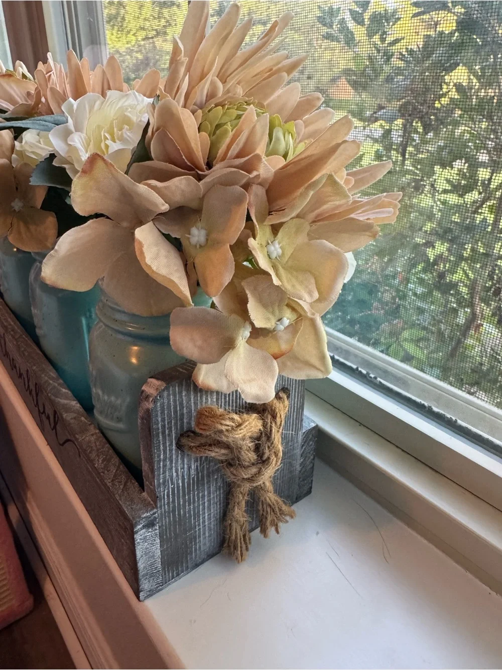 Decorative Blue Mason Jar Flower Arrangement with Cream & Peach Silk Blooms